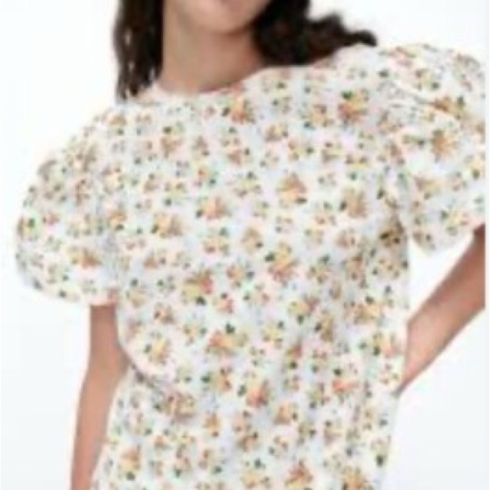 Zara White Floral Puff Sleeve Blouse